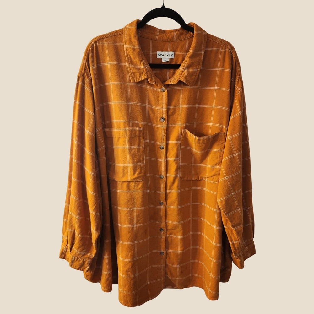 Ava & Viv Womens 4X Pumpkin Windowpane Plaid Flannel Shirt Fall Cozy Outdoor